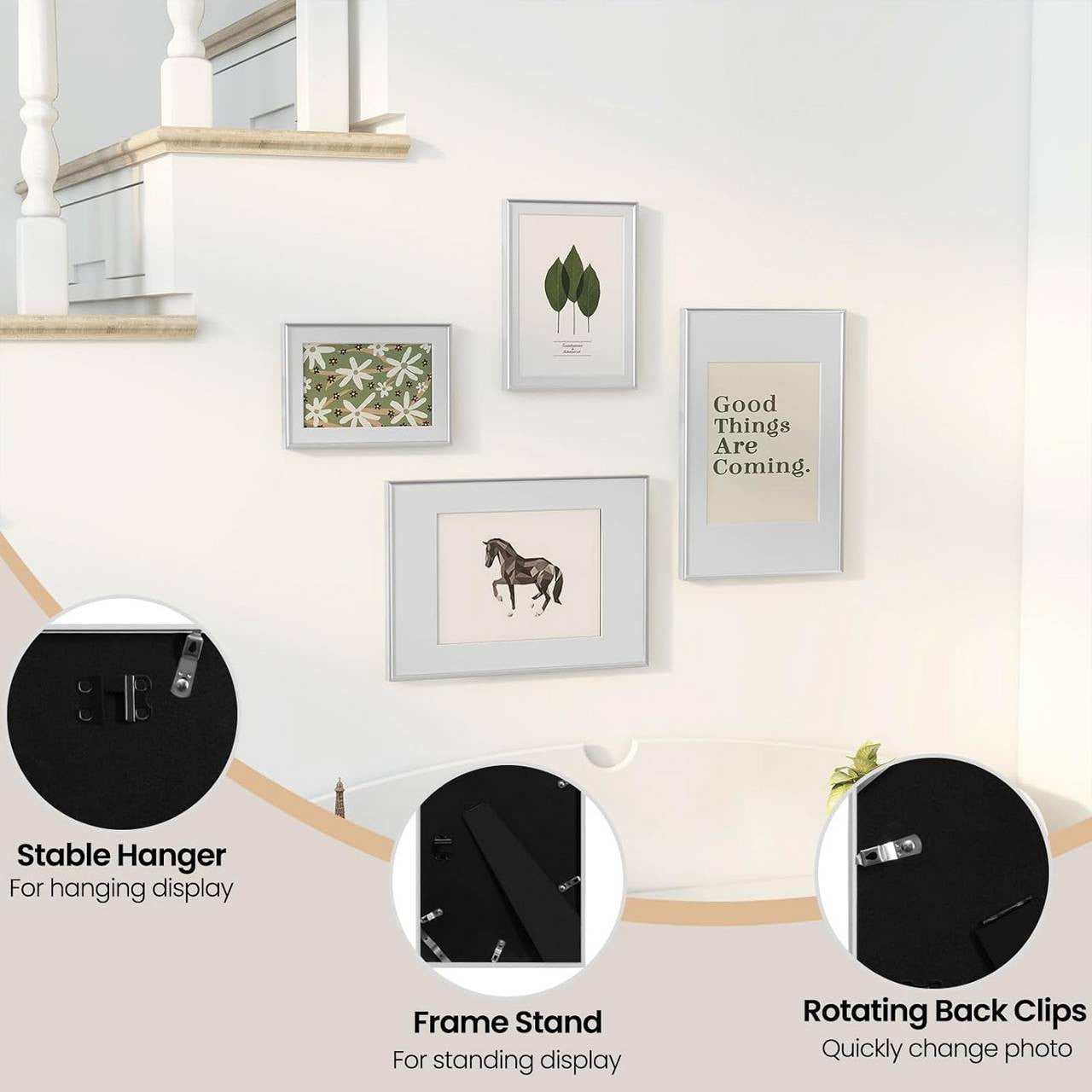 24goodz Set of 4 Photo Frames - Versatile Display Options - Premium Aluminium and Plexiglass - For Home and Office - Black/Silver