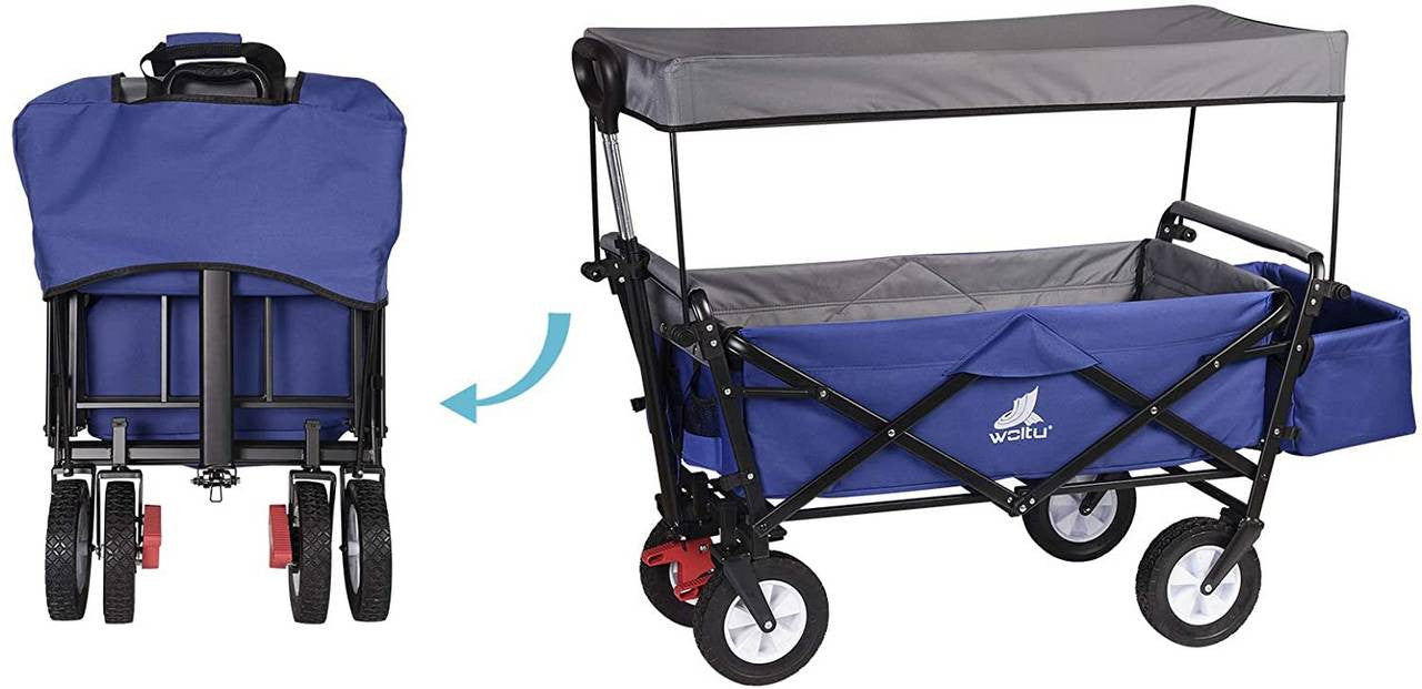 24goodz Foldable Wagon with Roof - Sturdy and Durable Design - 600D Polyester - For Outdoor Adventures - Blue - blg