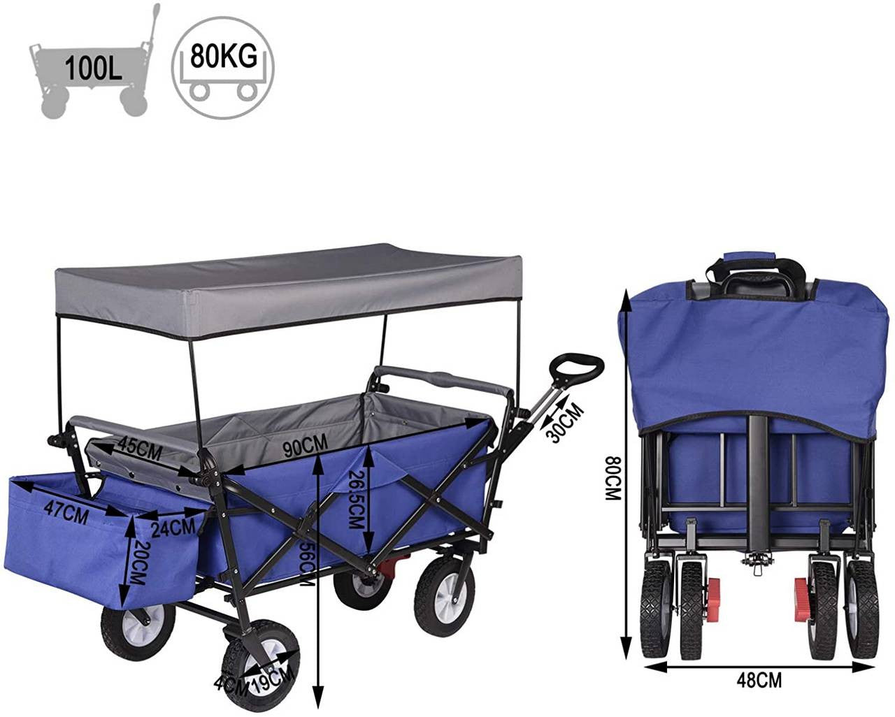 24goodz Foldable Wagon with Roof - Sturdy and Durable Design - 600D Polyester - For Outdoor Adventures - Blue - blg