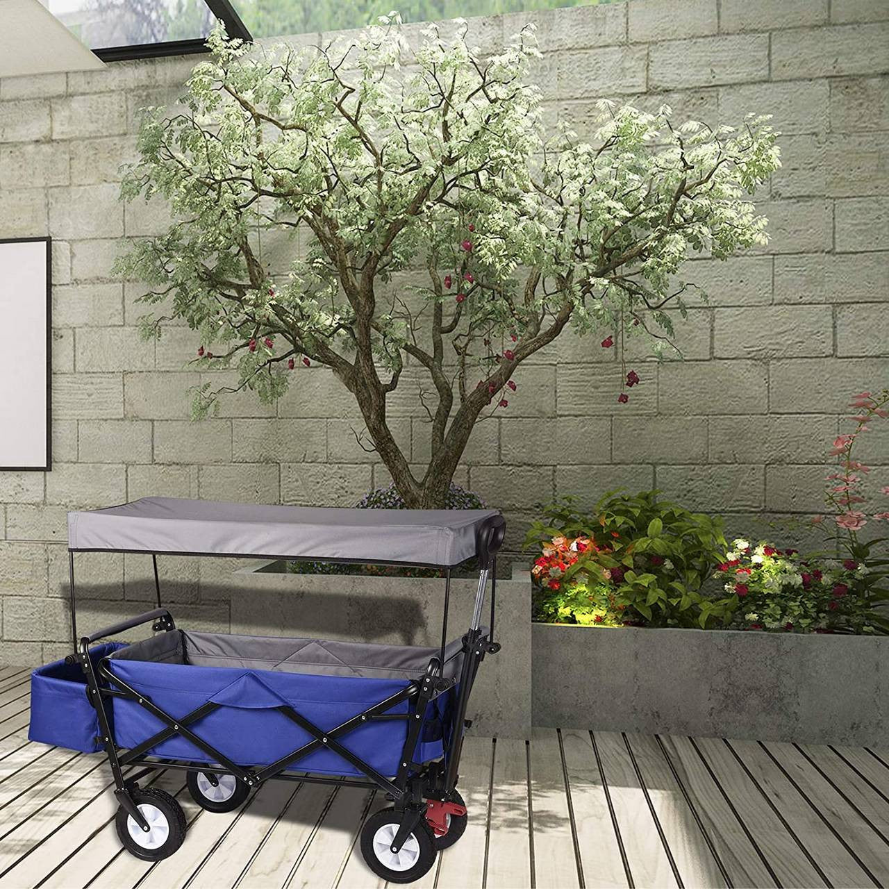 24goodz Foldable Wagon with Roof - Sturdy and Durable Design - 600D Polyester - For Outdoor Adventures - Blue - blg