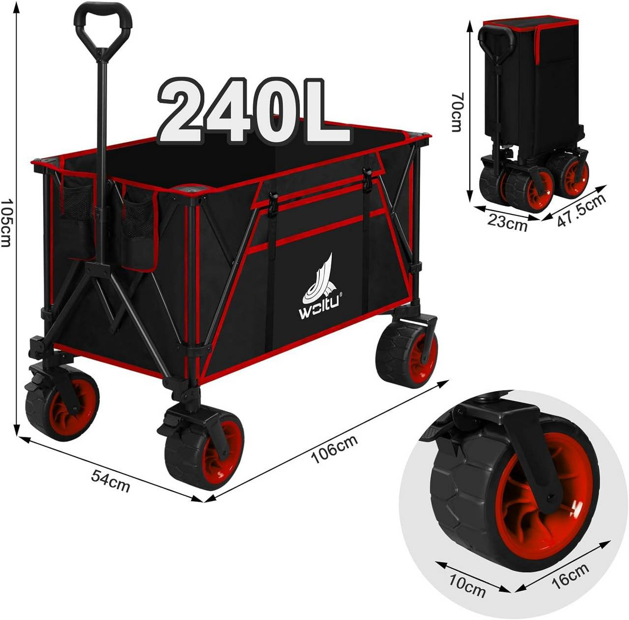 24goodz Foldable Hand Cart - Portable & Easy to Store - Coated Steel - For Outdoor Adventures - Black + Red
