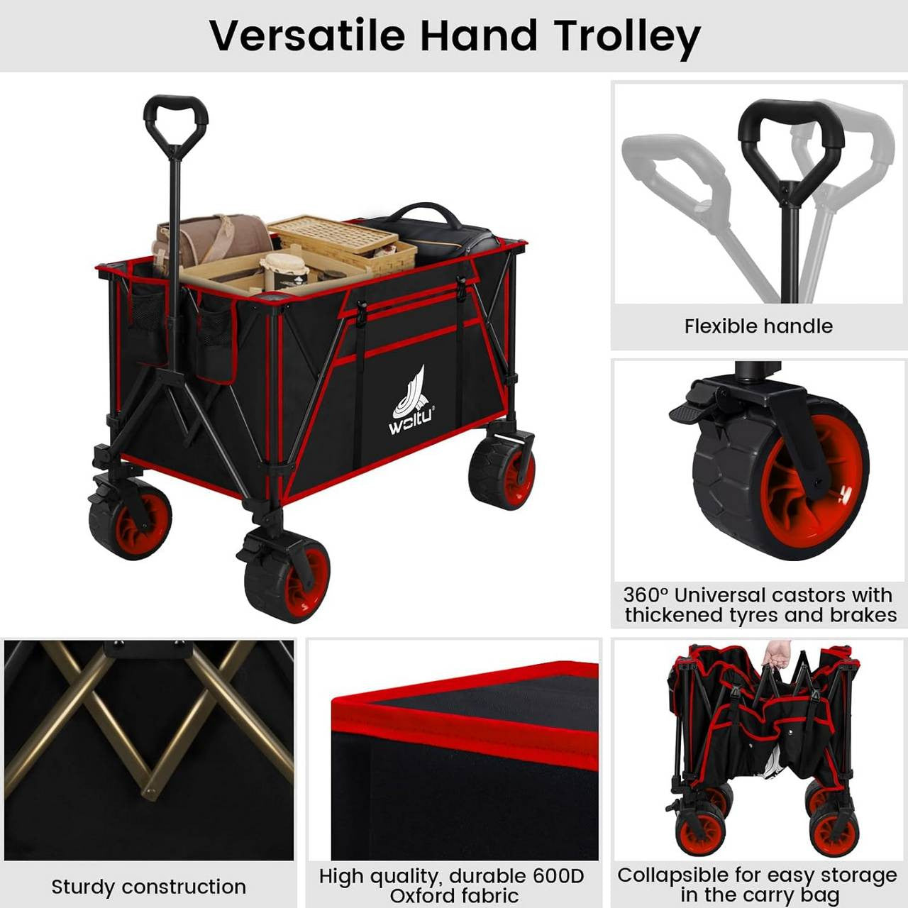 24goodz Foldable Hand Cart - Portable & Easy to Store - Coated Steel - For Outdoor Adventures - Black + Red