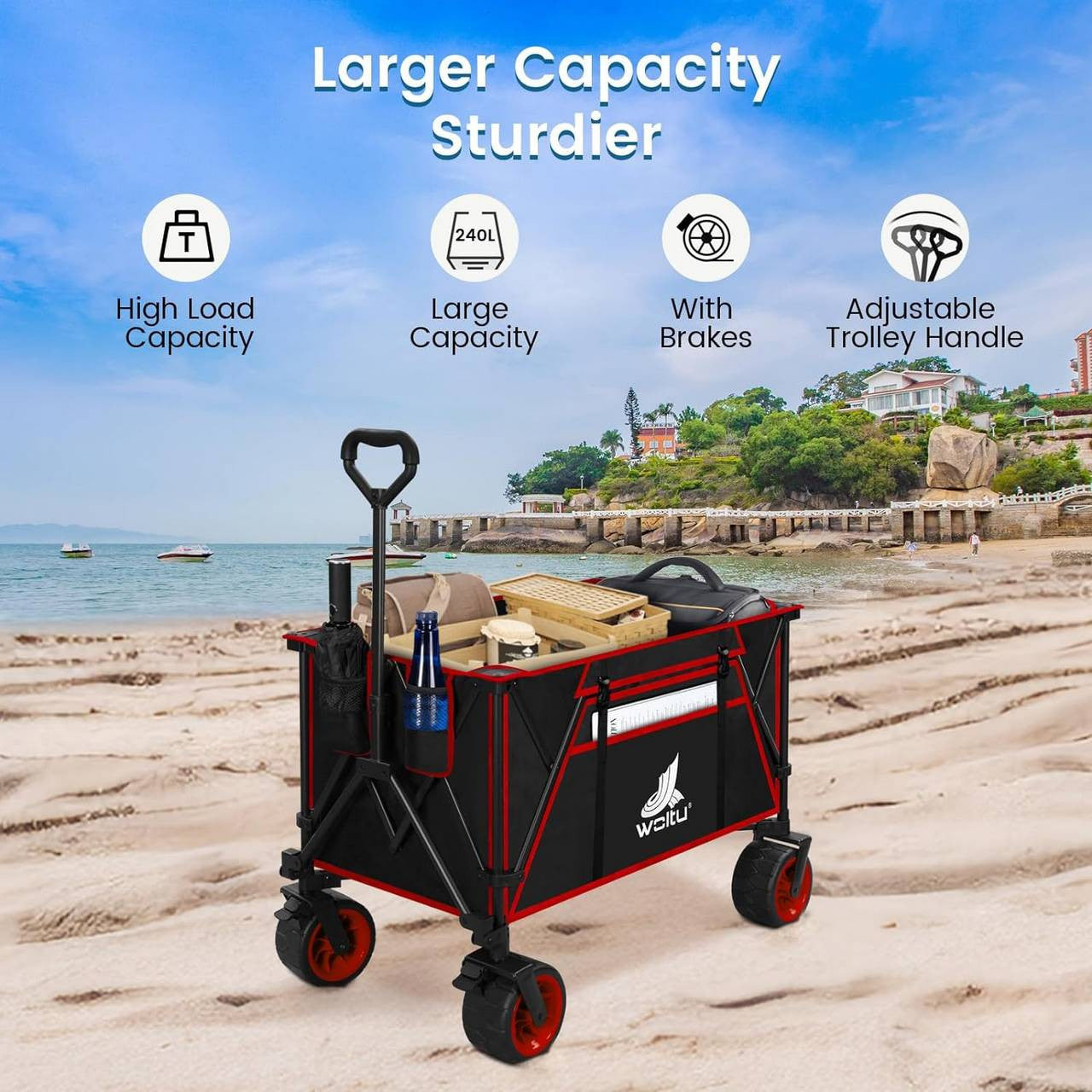 24goodz Foldable Hand Cart - Portable & Easy to Store - Coated Steel - For Outdoor Adventures - Black + Red