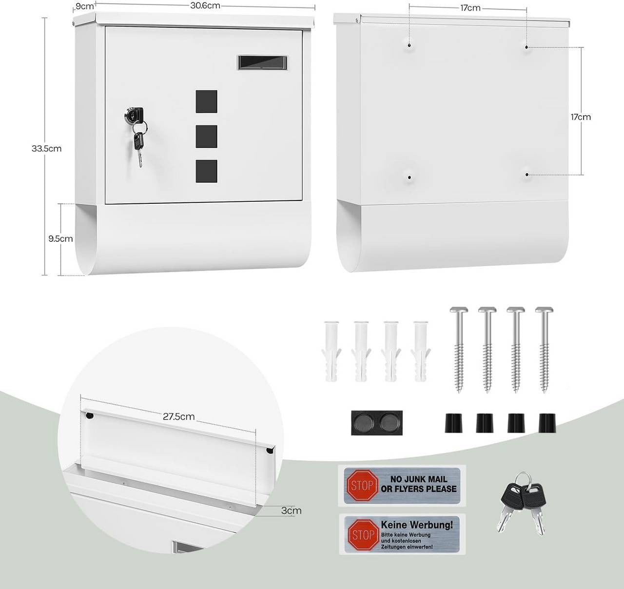 24goodz Mailbox with Newspaper Compartment - Modern and Stylish Design - Galvanized Steel - For Home Use - White