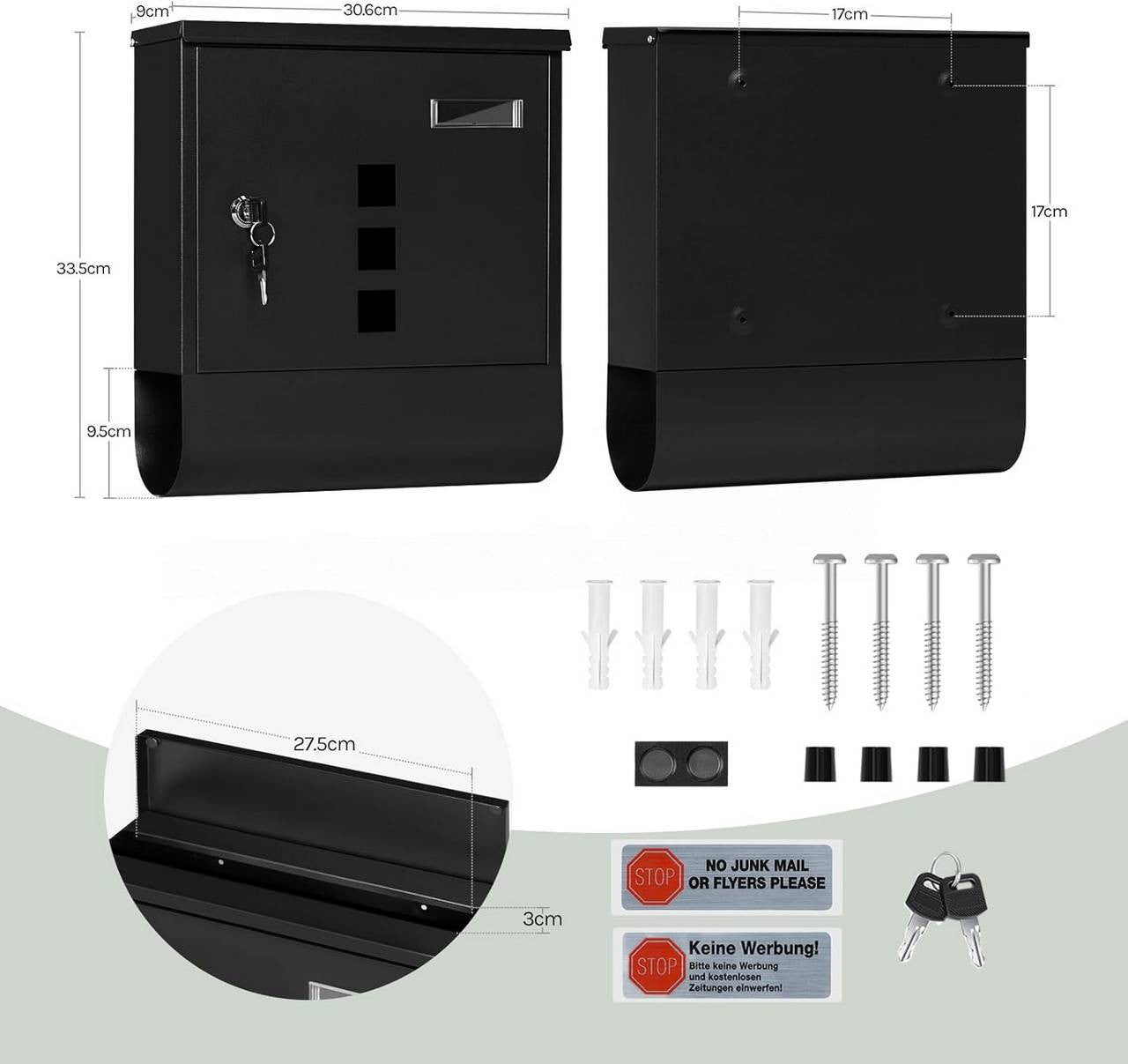 24goodz Mailbox with Newspaper Compartment - Modern Design - Durable Galvanized Steel - For Home - Anthracite/White/Black/Grey - 30.5 x 33.5 x 10 cm