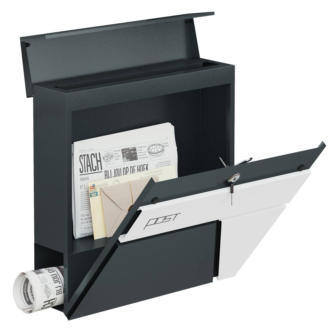 24goodz Wall-Mounted Mailbox with Newspaper Compartment - Modern Design - High Quality Galvanized Steel - Anthracite + White