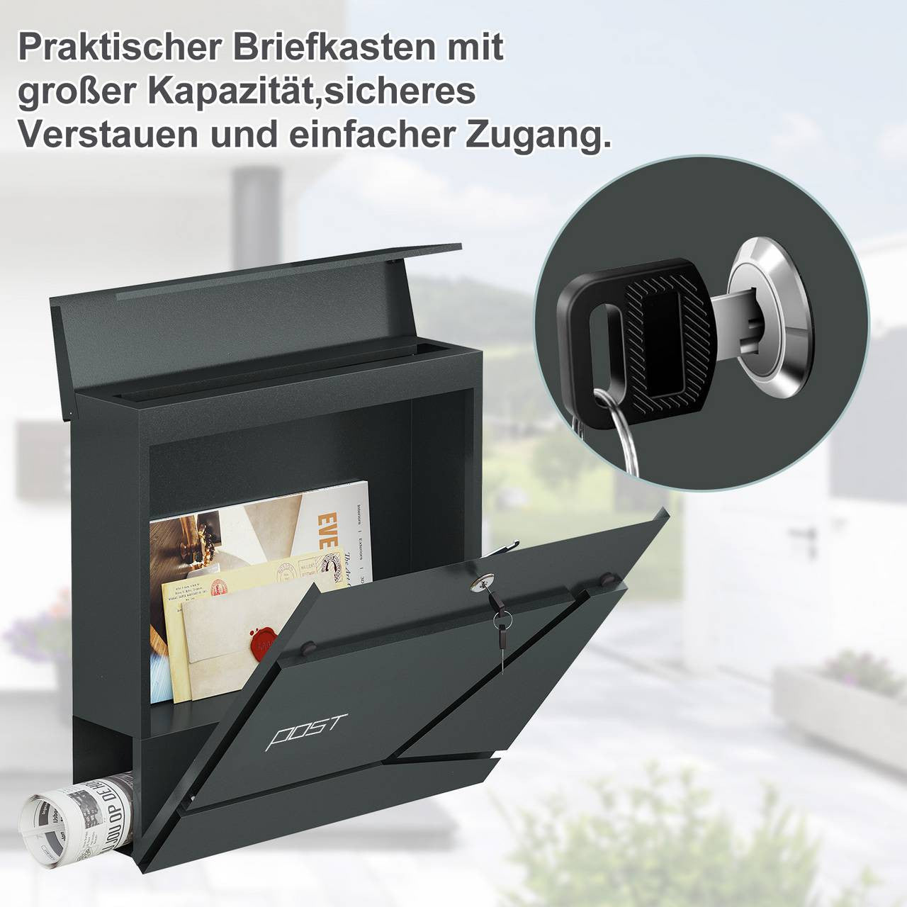 24goodz Modern Wall-Mounted Mailbox with Newspaper Compartment - Elegant Design - High-Quality Galvanized Steel - For Homeowners - Anthracite