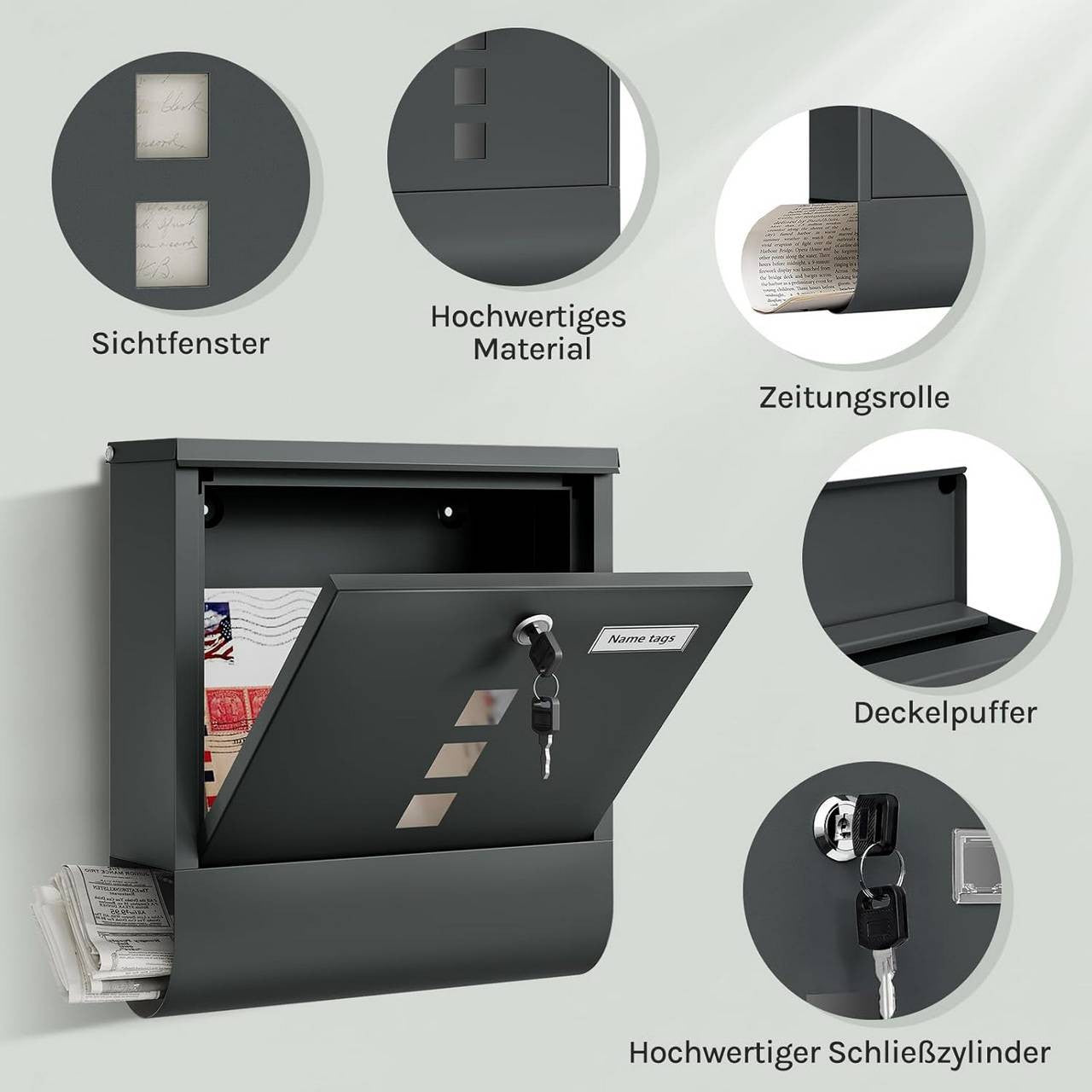 24goodz Mailbox with Newspaper Slot and Nameplate - Organized Storage - Durable Galvanized Steel - For Homeowners - Anthracite
