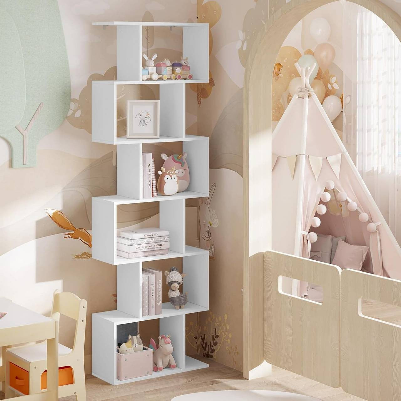 24goodz S-Shaped Bookshelf - Spacious Storage with 6 Levels - E1 Wood - For Home & Office - White + Light Oak - 60x189.5x24 cm