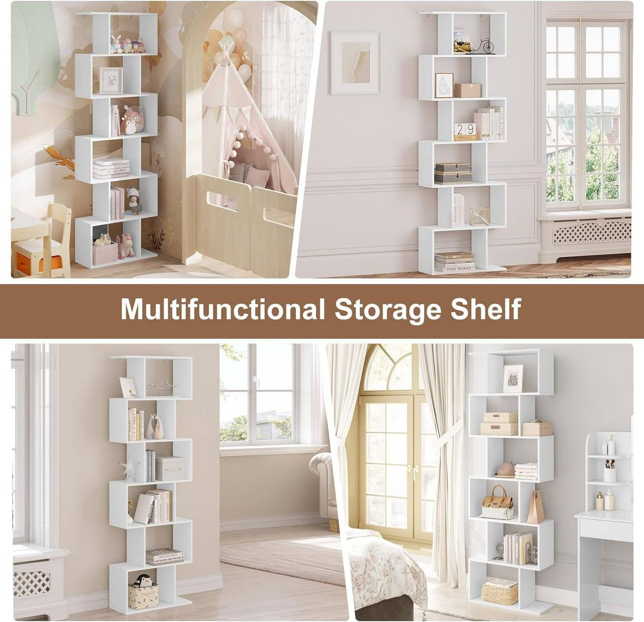 24goodz S-Shaped Bookshelf - Spacious Storage with 6 Levels - E1 Wood - For Home & Office - White + Light Oak - 60x189.5x24 cm