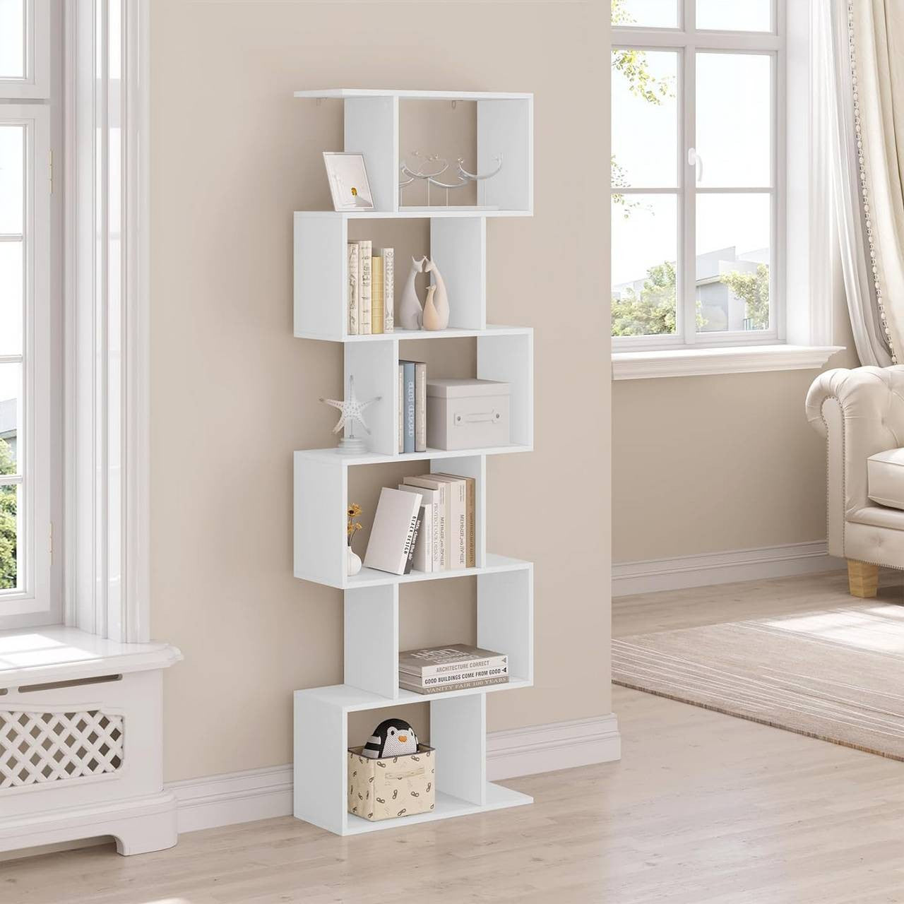 24goodz S-Shaped Bookshelf - Spacious Storage with 6 Levels - E1 Wood - For Home & Office - White + Light Oak - 60x189.5x24 cm