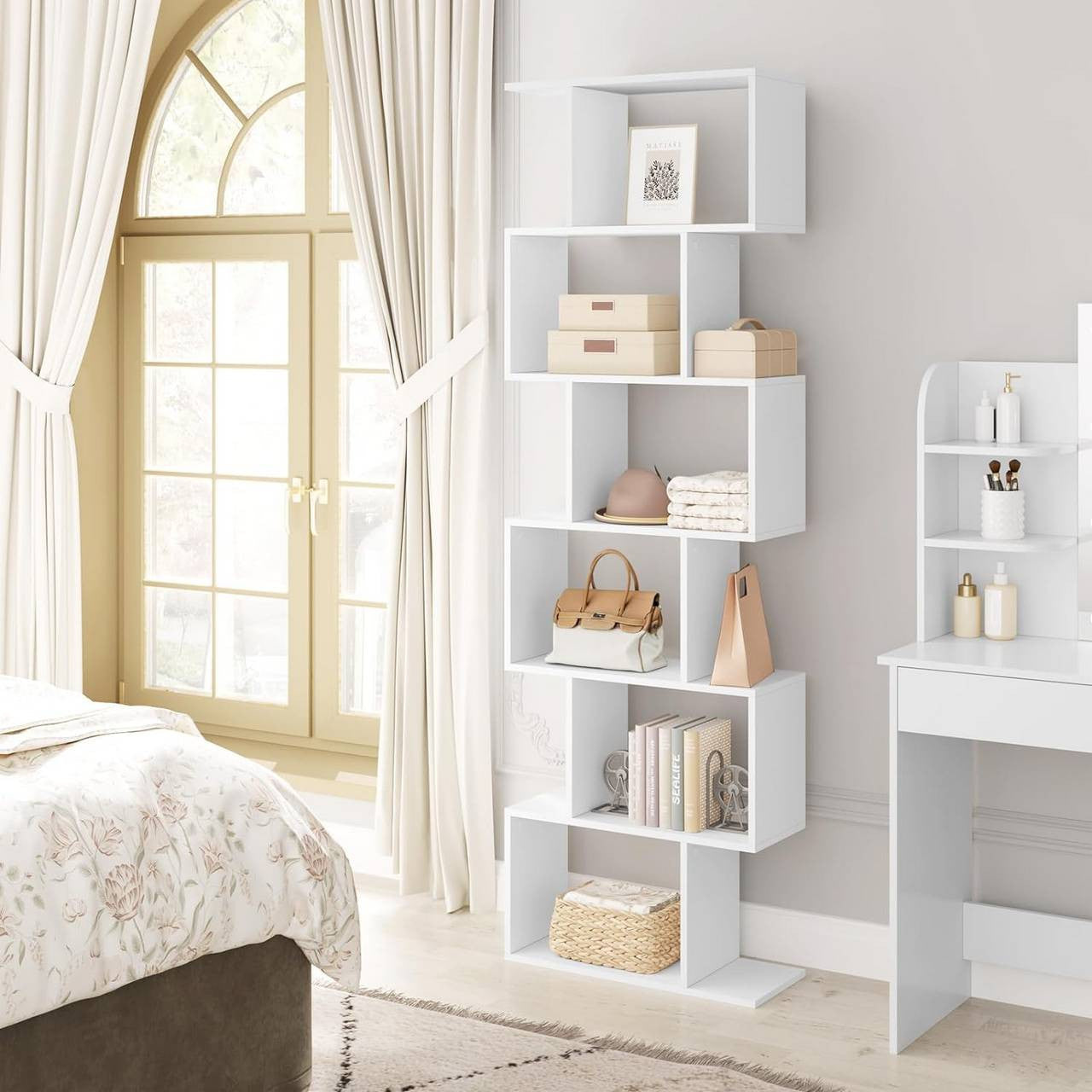 24goodz S-Shaped Bookshelf - Spacious Storage with 6 Levels - E1 Wood - For Home & Office - White + Light Oak - 60x189.5x24 cm