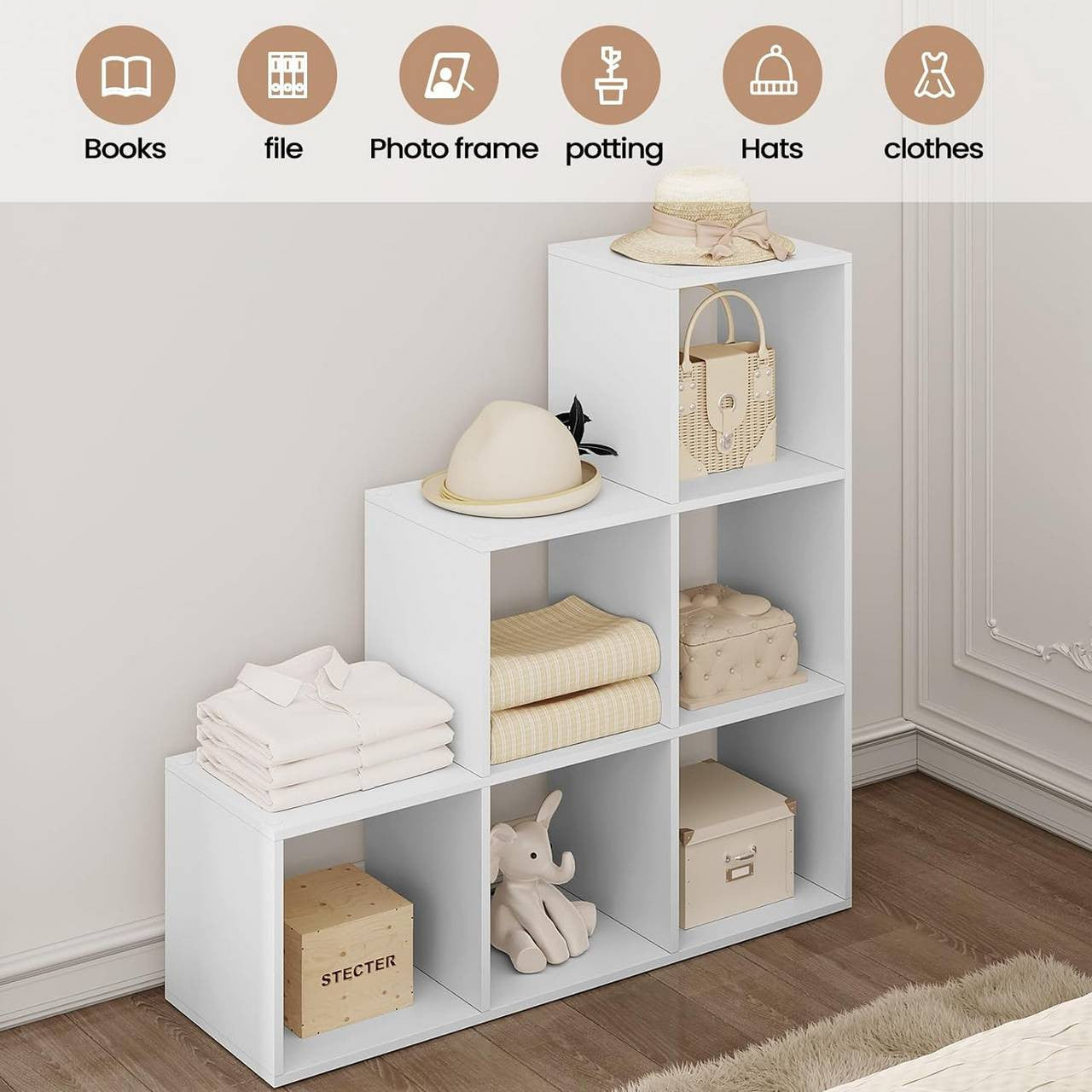 24goodz Bookshelf with 6 Compartments - Stylish and Chic Design - E1 Wood Material - White - 90x29x90 cm