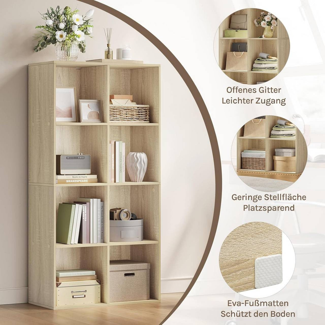 24goodz 8-Cube Bookcase - Sturdy and Safe Design - Easy to Assemble - MDF - For Home and Office - Light Oak