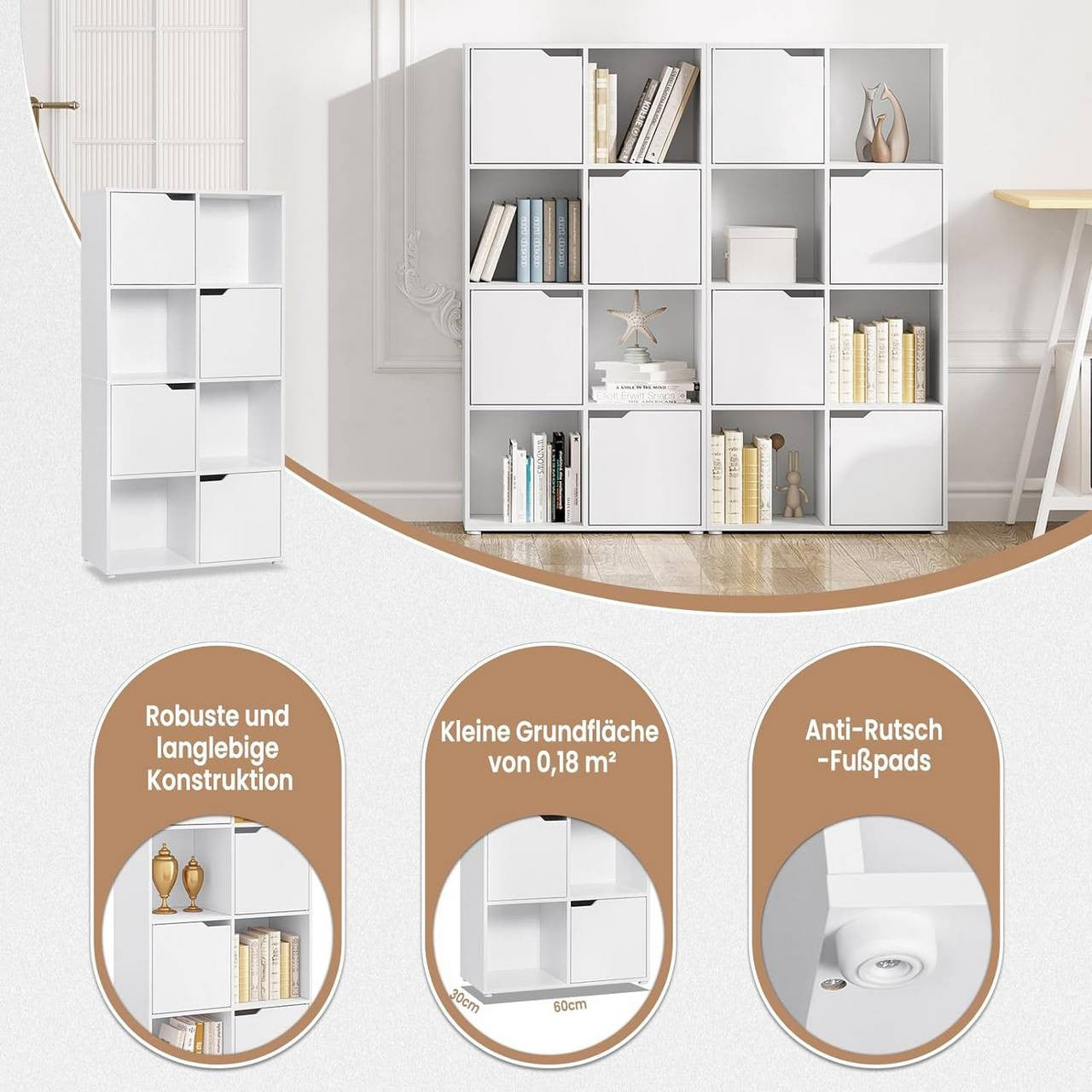 24goodz 8-Cube Bookcase with 4 Doors - Space-Saving Design - E1 Wood Material - For Home and Office - White/Oak