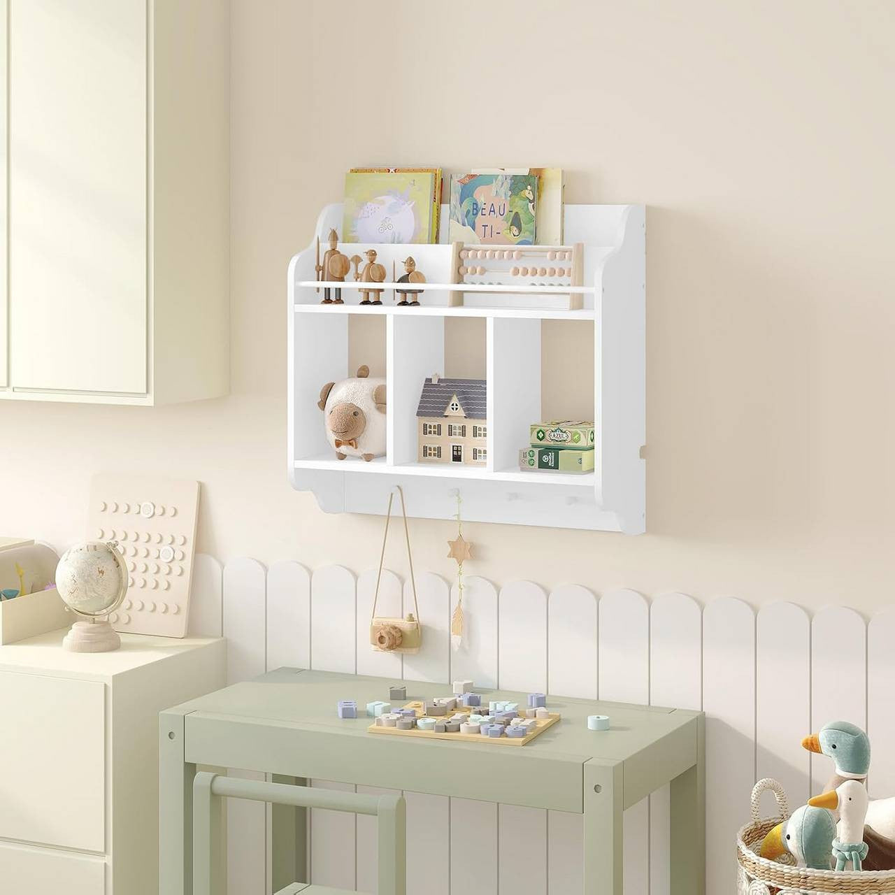 24goodz Kids Wall Shelf - Versatile Storage Space - Safe Design - MDF + Pine Wood - White - 60x57x20 cm