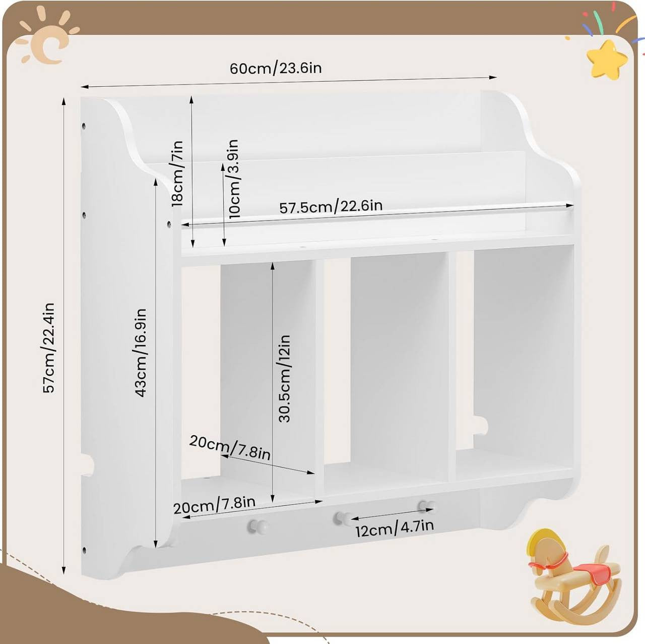 24goodz Kids Wall Shelf - Versatile Storage Space - Safe Design - MDF + Pine Wood - White - 60x57x20 cm