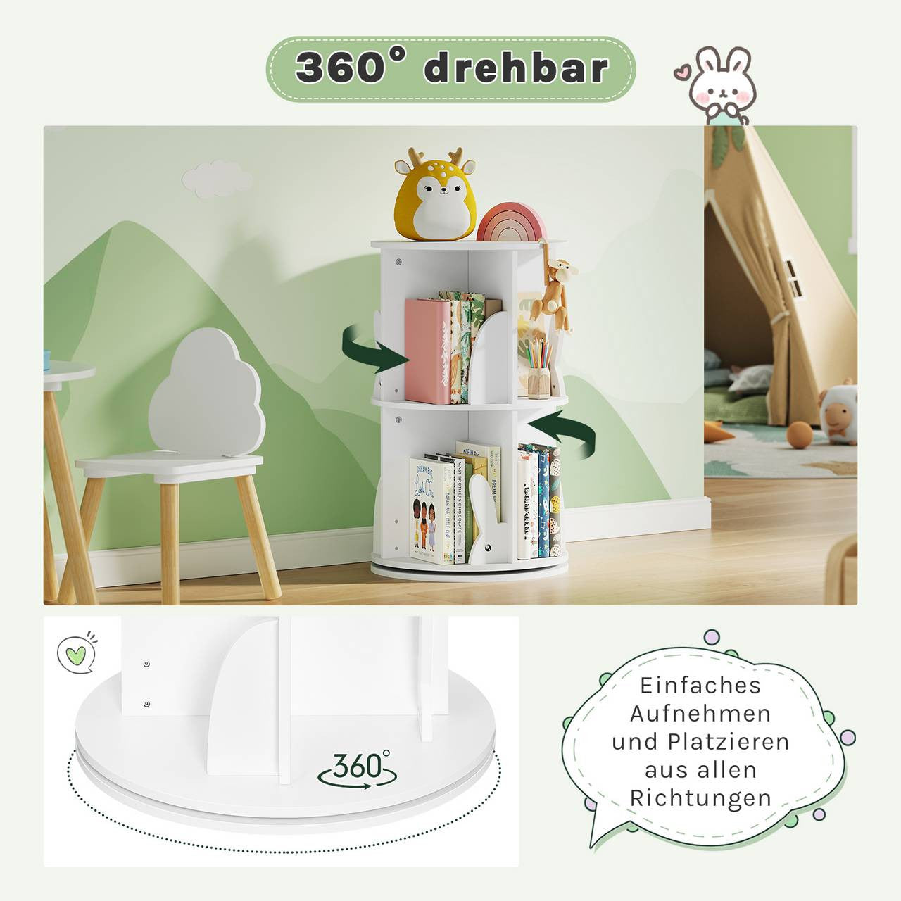 24goodz Rotating Children's Bookcase - 360° Rotatable & Stable - E1 Class MDF - For Children - White