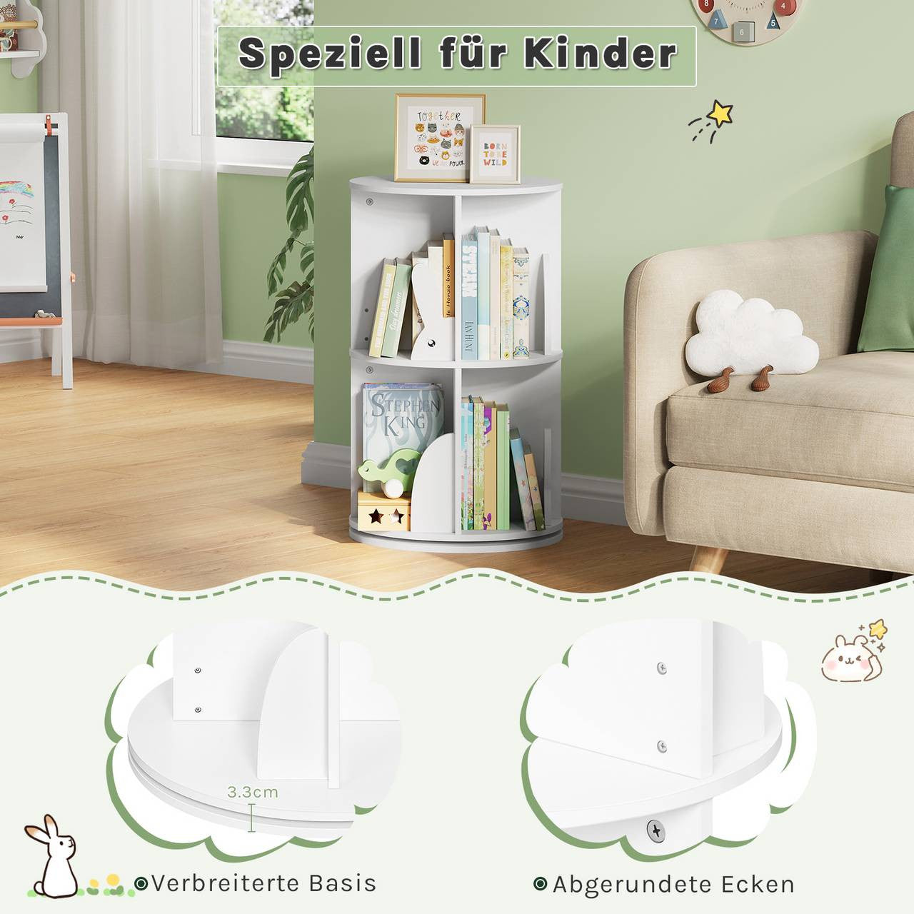 24goodz Rotating Children's Bookcase - 360° Rotatable & Stable - E1 Class MDF - For Children - White