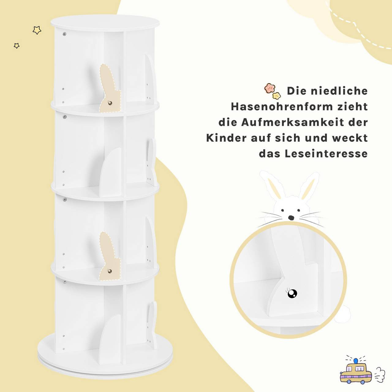 24goodz Rotating Children's Bookshelf - 360° Swivel Design - High-Quality MDF - For Kids - White