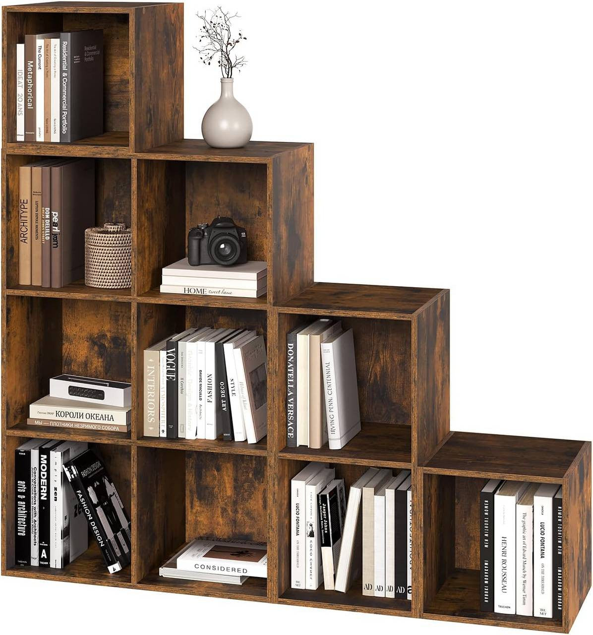 24goodz Bookcase Room Divider with 10 Cubes - Stable & Safe Design - E1-Class Engineered Wood - For Home & Office - Rustic Brown