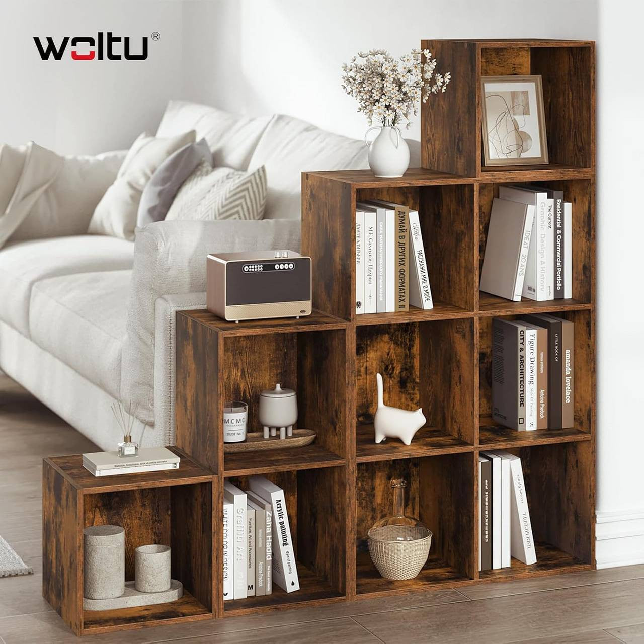 24goodz Bookcase Room Divider with 10 Cubes - Stable & Safe Design - E1-Class Engineered Wood - For Home & Office - Rustic Brown