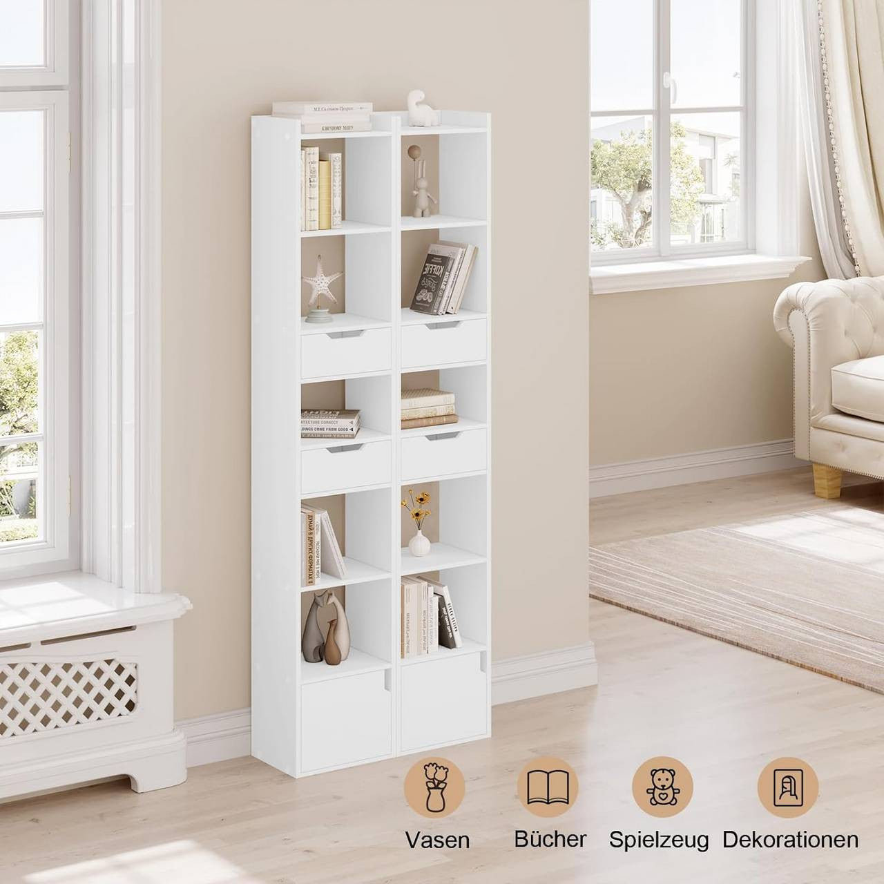 24goodz Bookcase with 6 Shelves, 2 Drawers, and 1 Door - Ample Storage Space - Sturdy & Stable - E1 Wood Material - White/Oak