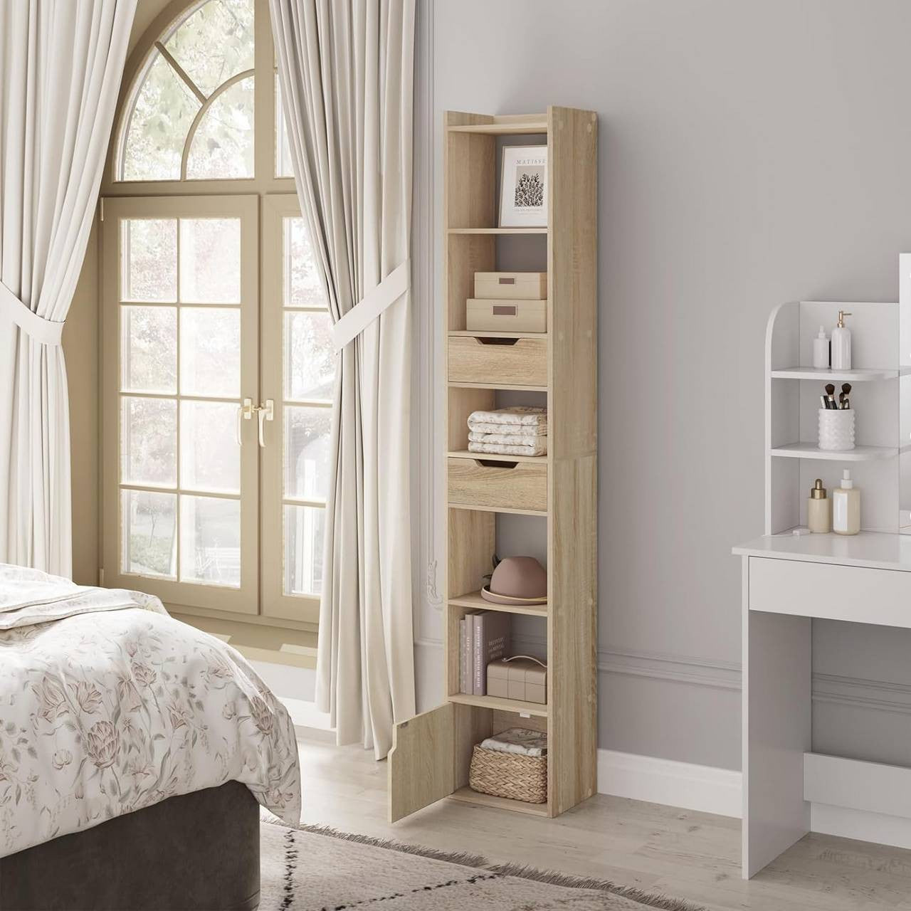 24goodz Bookcase with 6 Shelves - Space-Saving Design - E1 Wood Material - For Home and Office - White/Light Oak