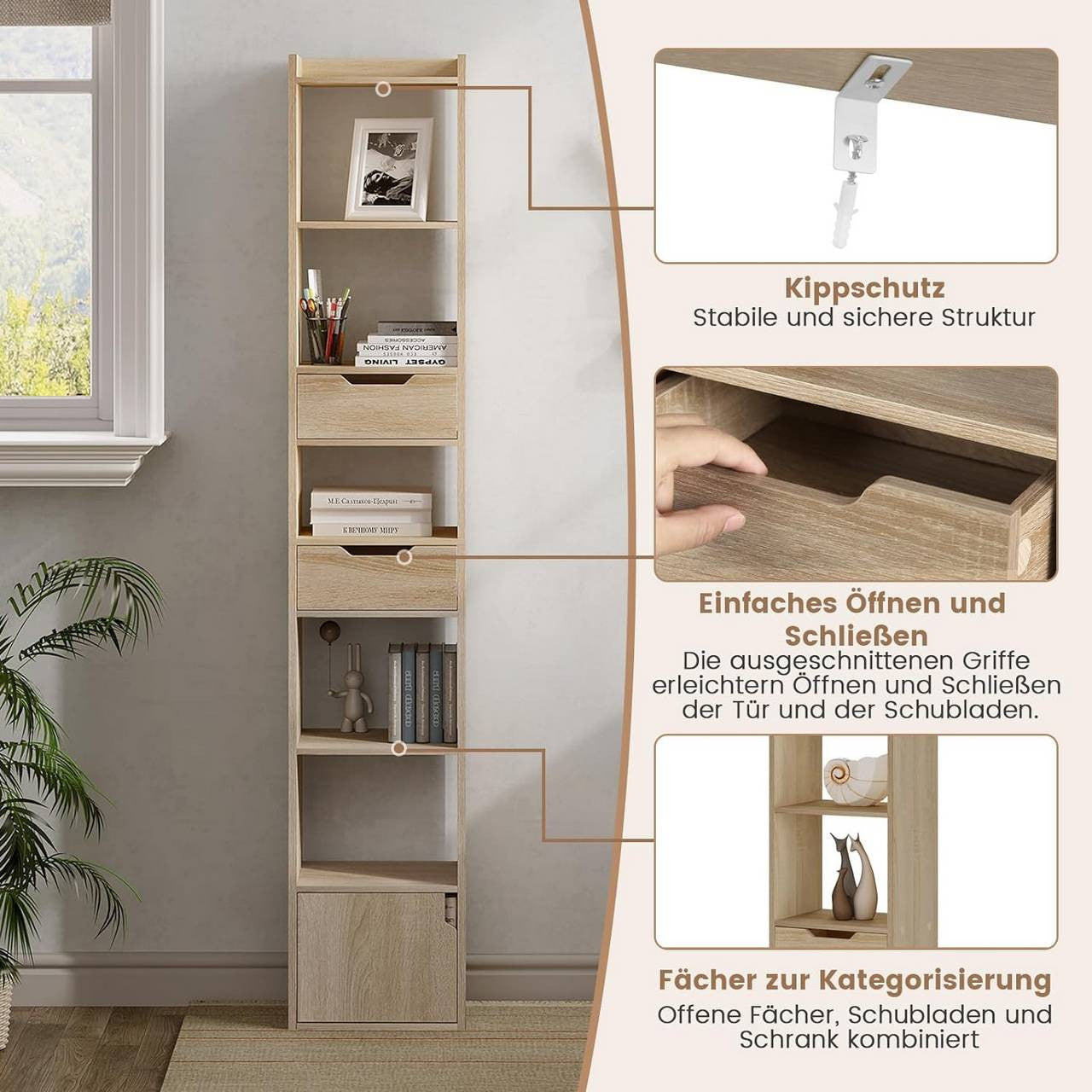 24goodz Bookcase with 6 Shelves - Space-Saving Design - E1 Wood Material - For Home and Office - White/Light Oak