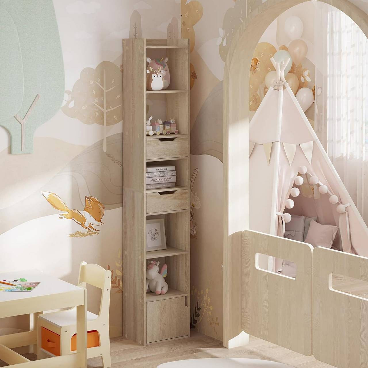 24goodz Bookcase with 6 Shelves - Space-Saving Design - E1 Wood Material - For Home and Office - White/Light Oak