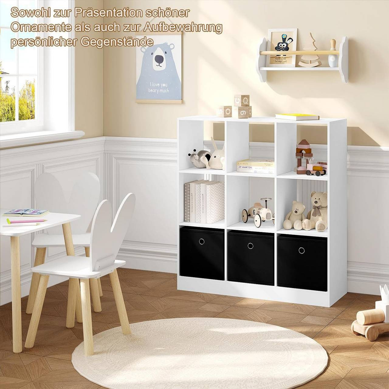 24goodz Bookcase with 9 Cubes and 3 Fabric Drawers - Ample Storage Space - Durable E1 Wood Material - For Home and Office - White/Oak