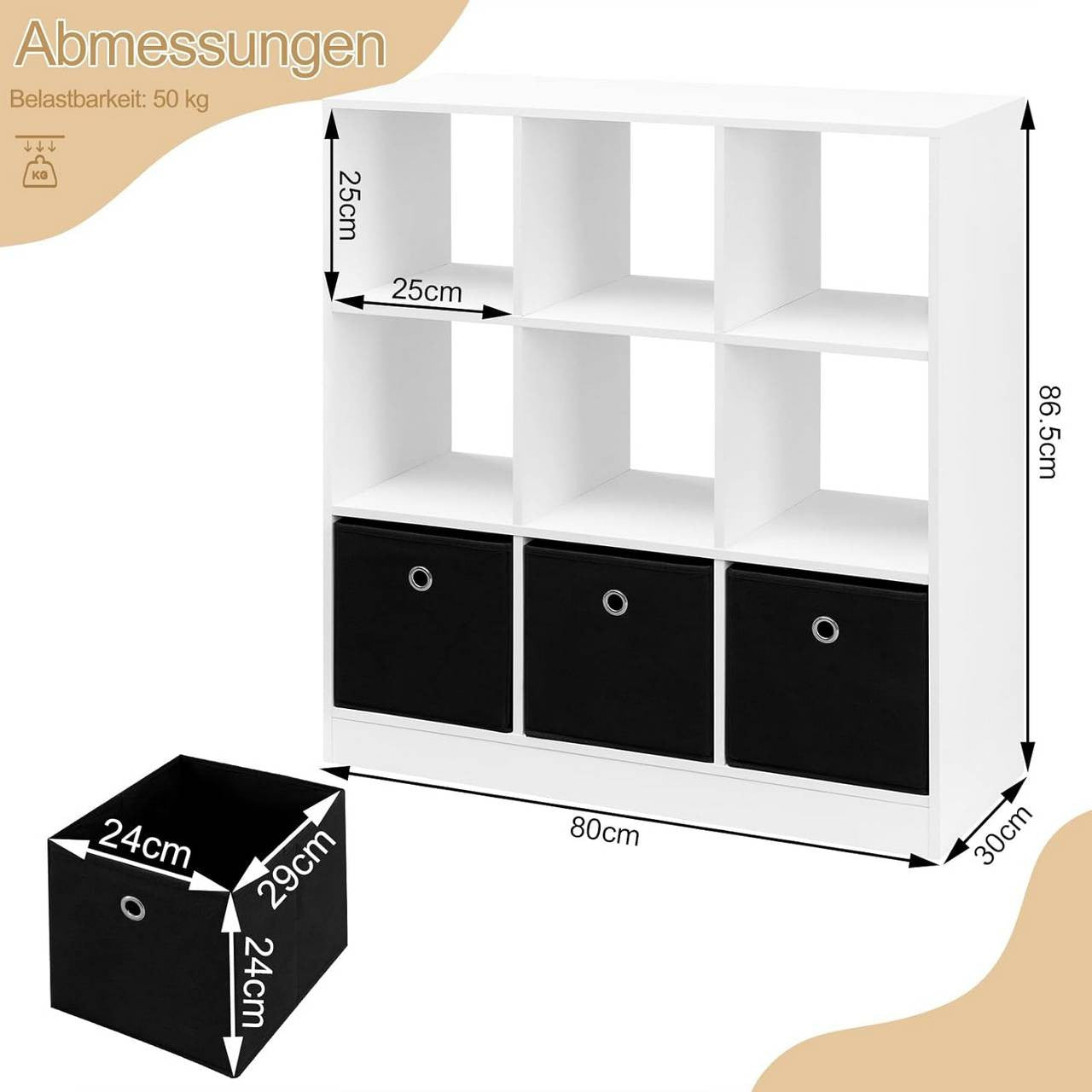 24goodz Bookcase with 9 Cubes and 3 Fabric Drawers - Ample Storage Space - Durable E1 Wood Material - For Home and Office - White/Oak