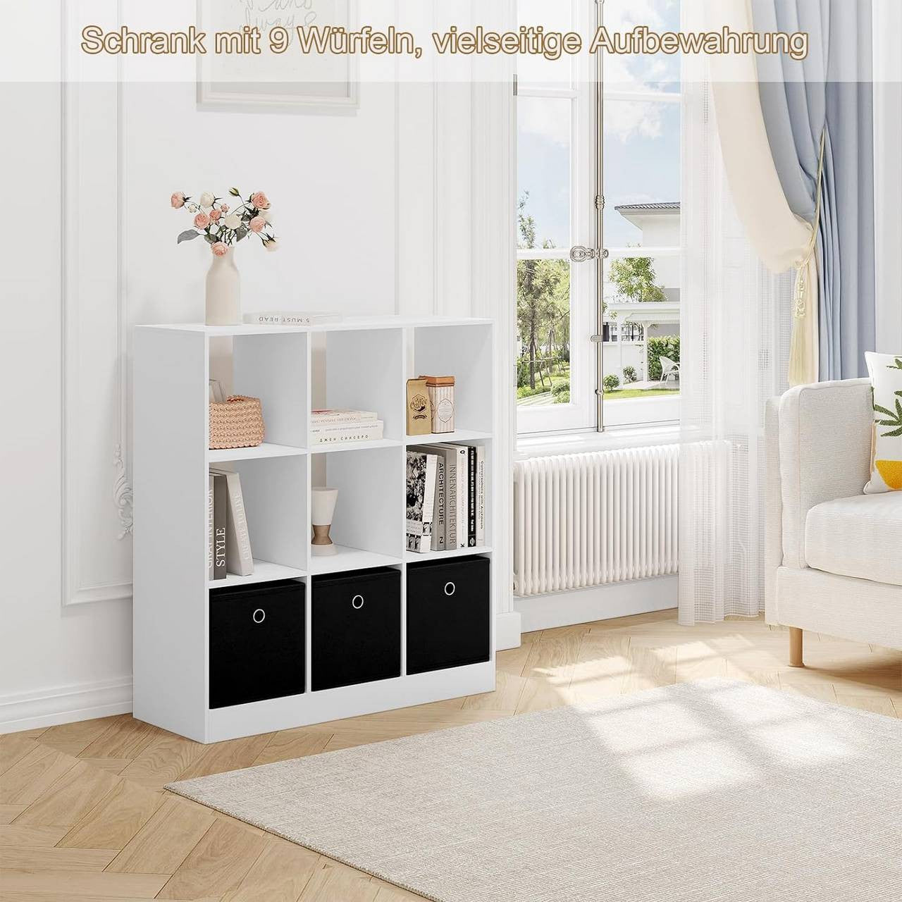 24goodz Bookcase with 9 Cubes and 3 Fabric Drawers - Ample Storage Space - Durable E1 Wood Material - For Home and Office - White/Oak