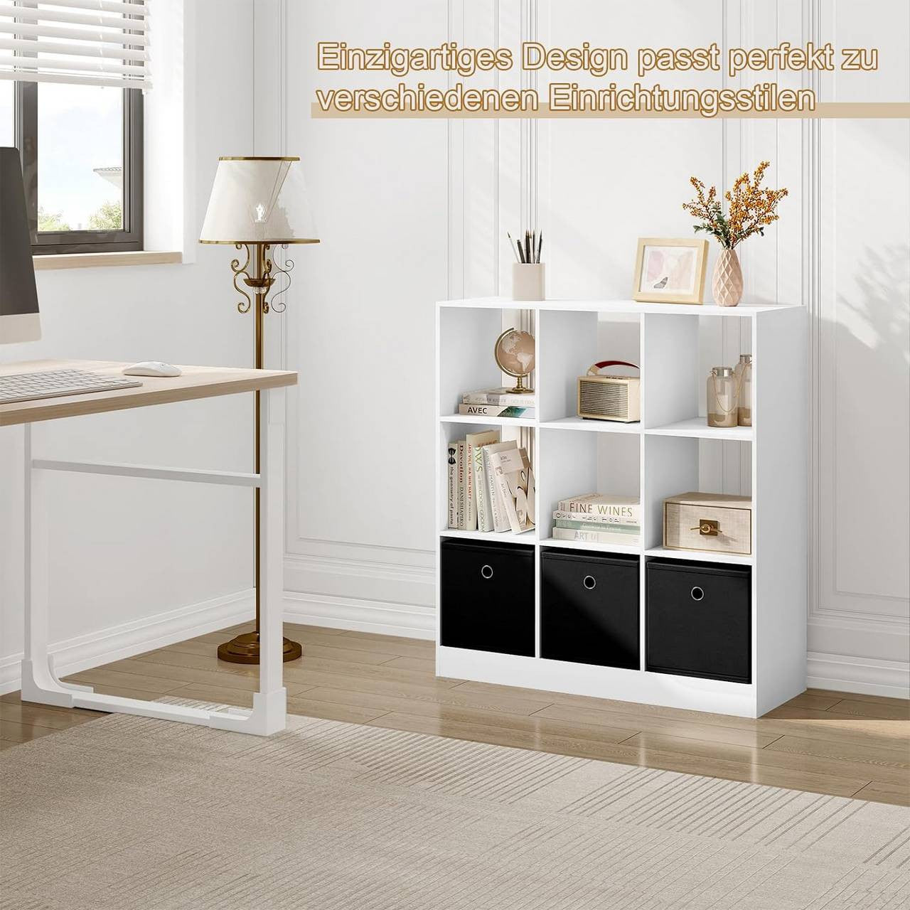24goodz Bookcase with 9 Cubes and 3 Fabric Drawers - Ample Storage Space - Durable E1 Wood Material - For Home and Office - White/Oak