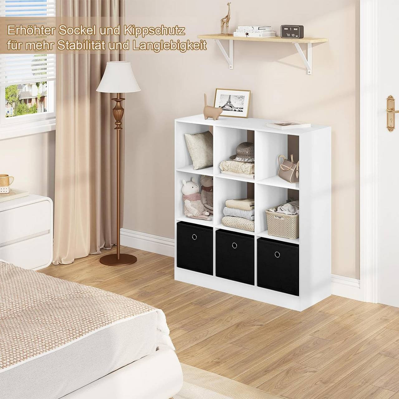 24goodz Bookcase with 9 Cubes and 3 Fabric Drawers - Ample Storage Space - Durable E1 Wood Material - For Home and Office - White/Oak