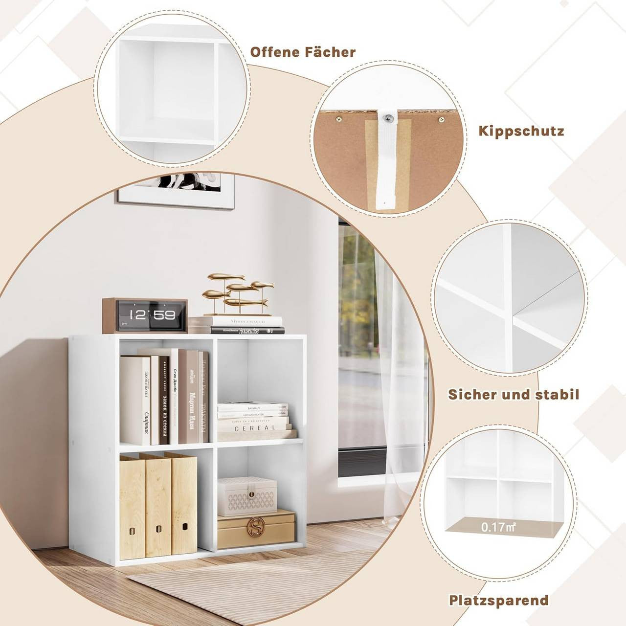 24goodz Cube Shelf with 4 Compartments - Space-Saving Design - Easy to Assemble - Wood-Based Material - White - ws