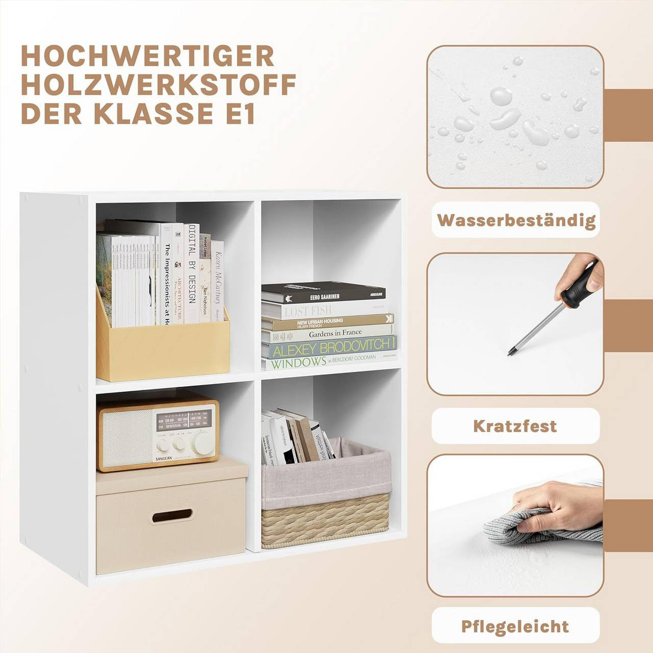 24goodz Cube Shelf with 4 Compartments - Space-Saving Design - Easy to Assemble - Wood-Based Material - White - ws