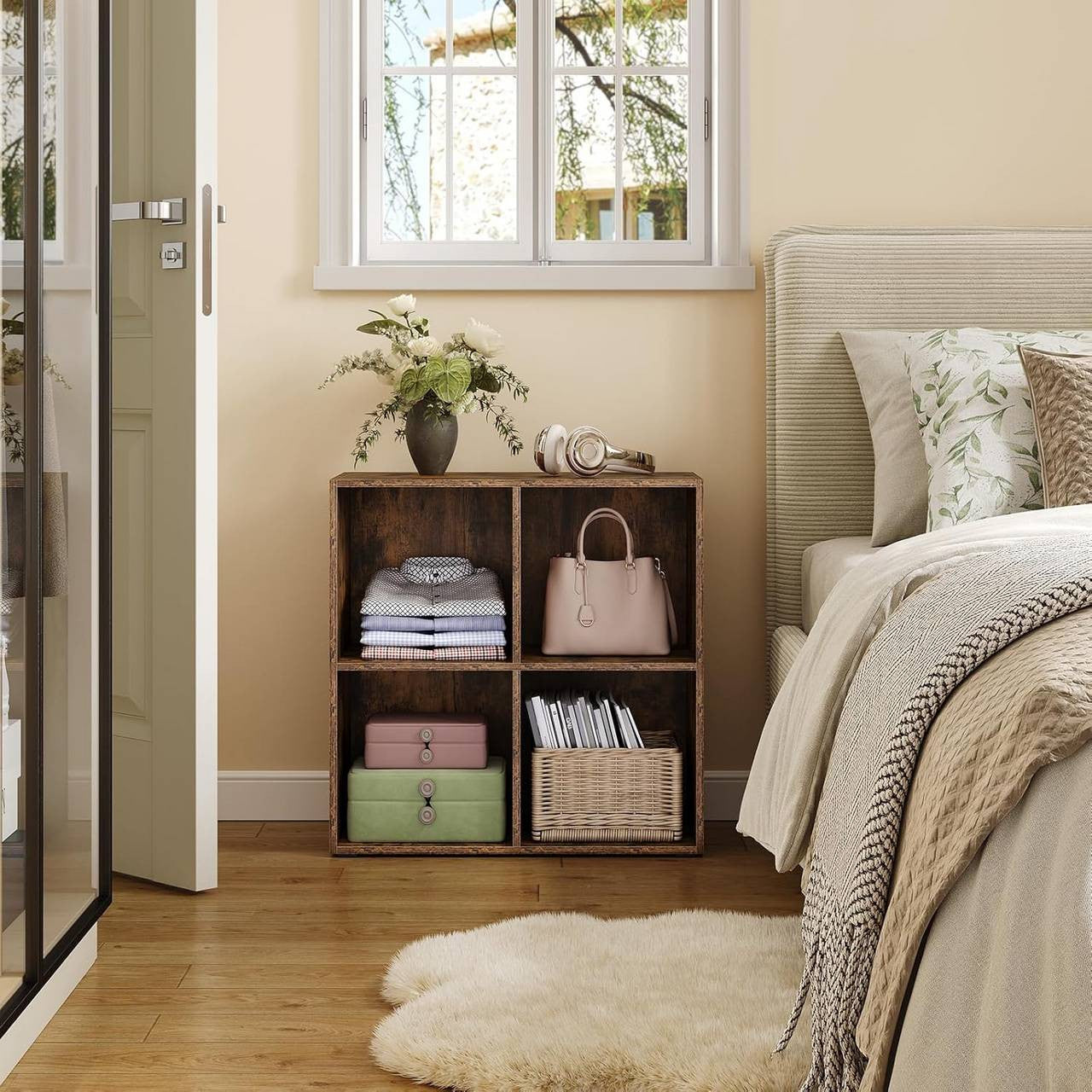 24goodz Cube Shelf with 4 Compartments - Space-Saving Design - Easy to Assemble - Wood-Based Material - Rustic Brown