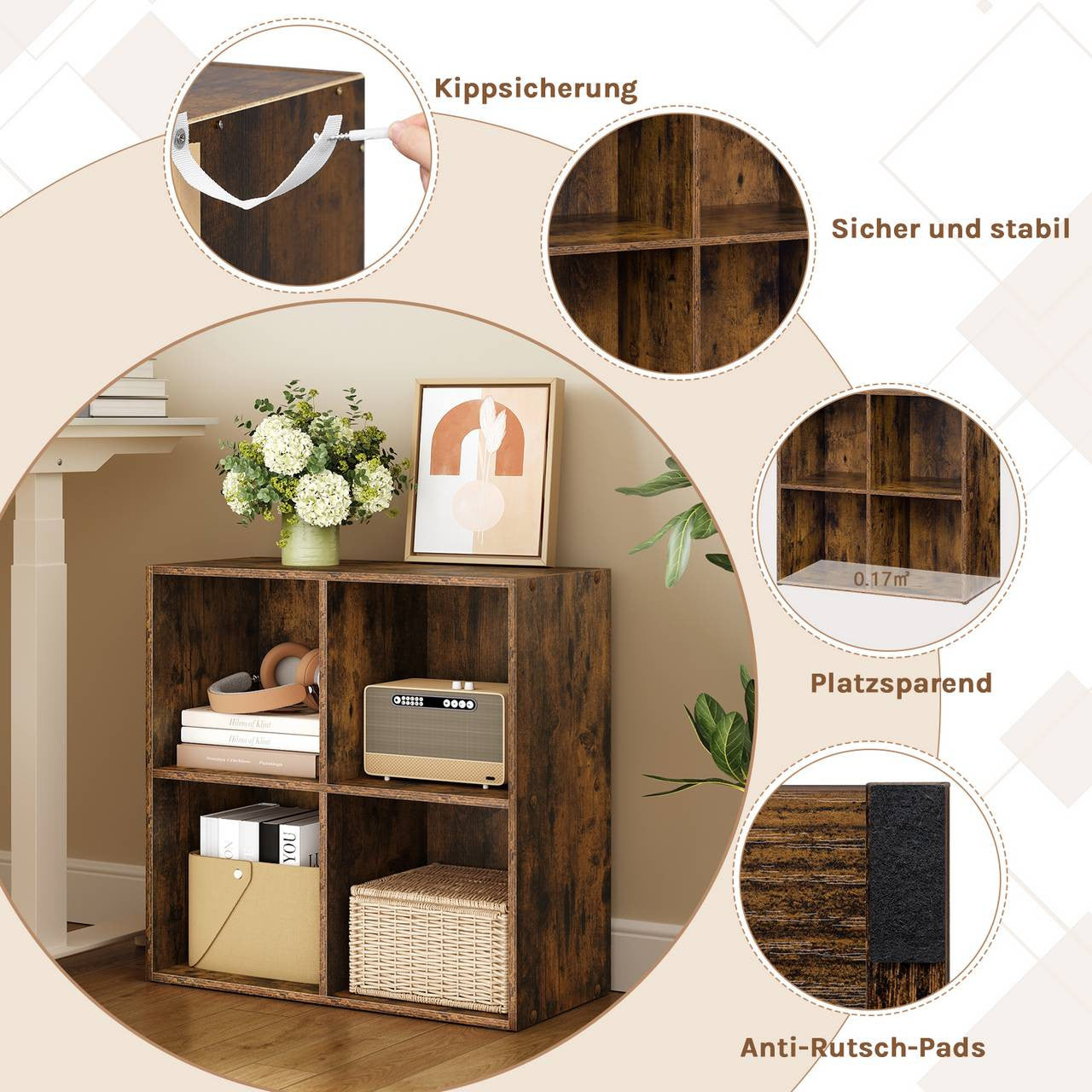 24goodz Cube Shelf with 4 Compartments - Space-Saving Design - Easy to Assemble - Wood-Based Material - Rustic Brown