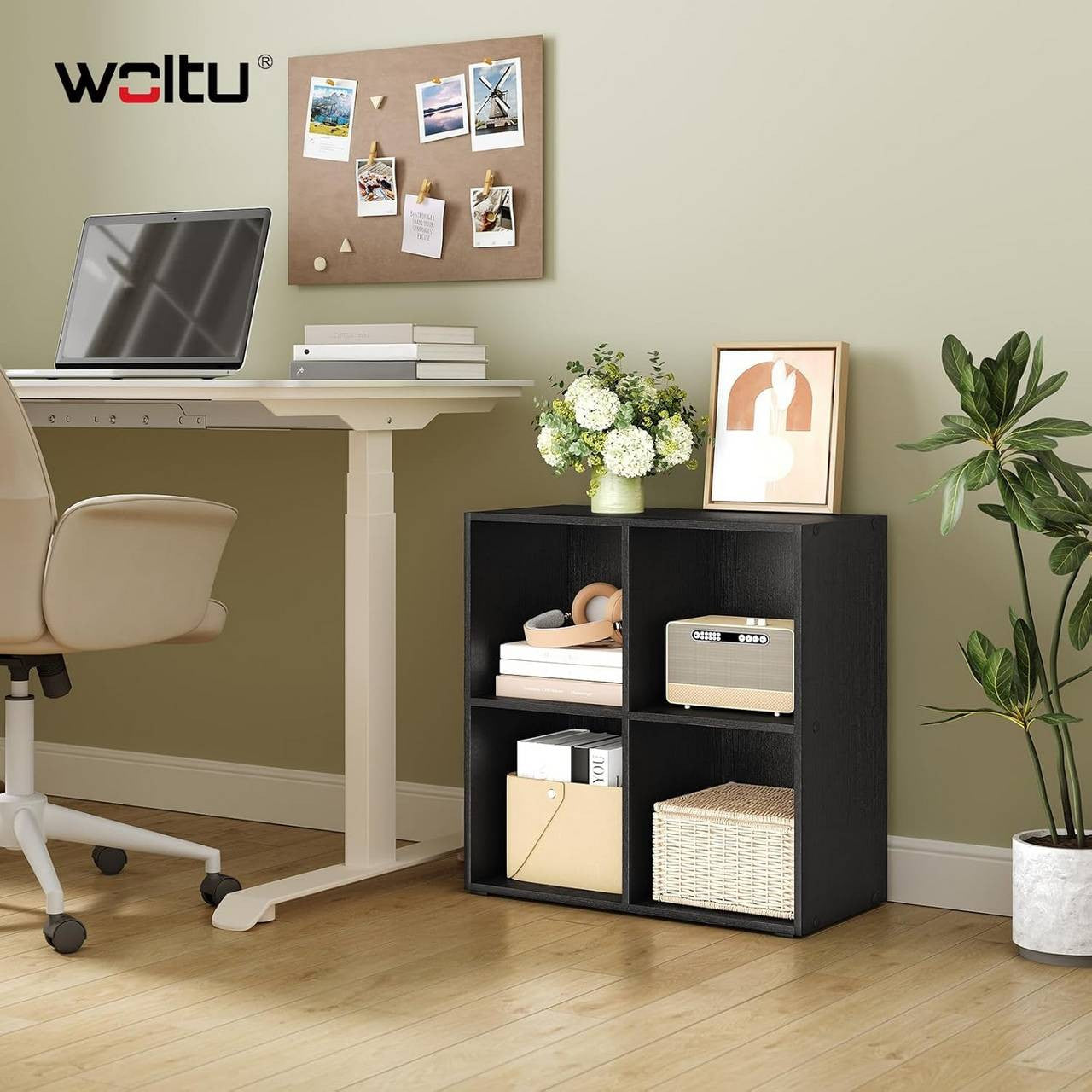 24goodz Cube Bookshelf with 4 Compartments - Sturdy and Safe Construction - Space-Saving Design - Wood-Based Material - Black