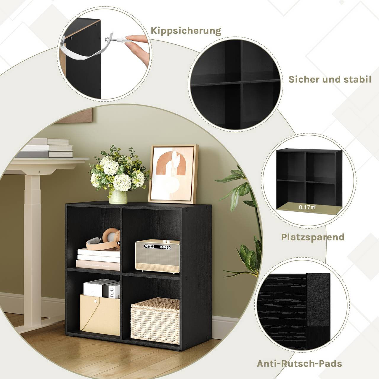 24goodz Cube Bookshelf with 4 Compartments - Sturdy and Safe Construction - Space-Saving Design - Wood-Based Material - Black