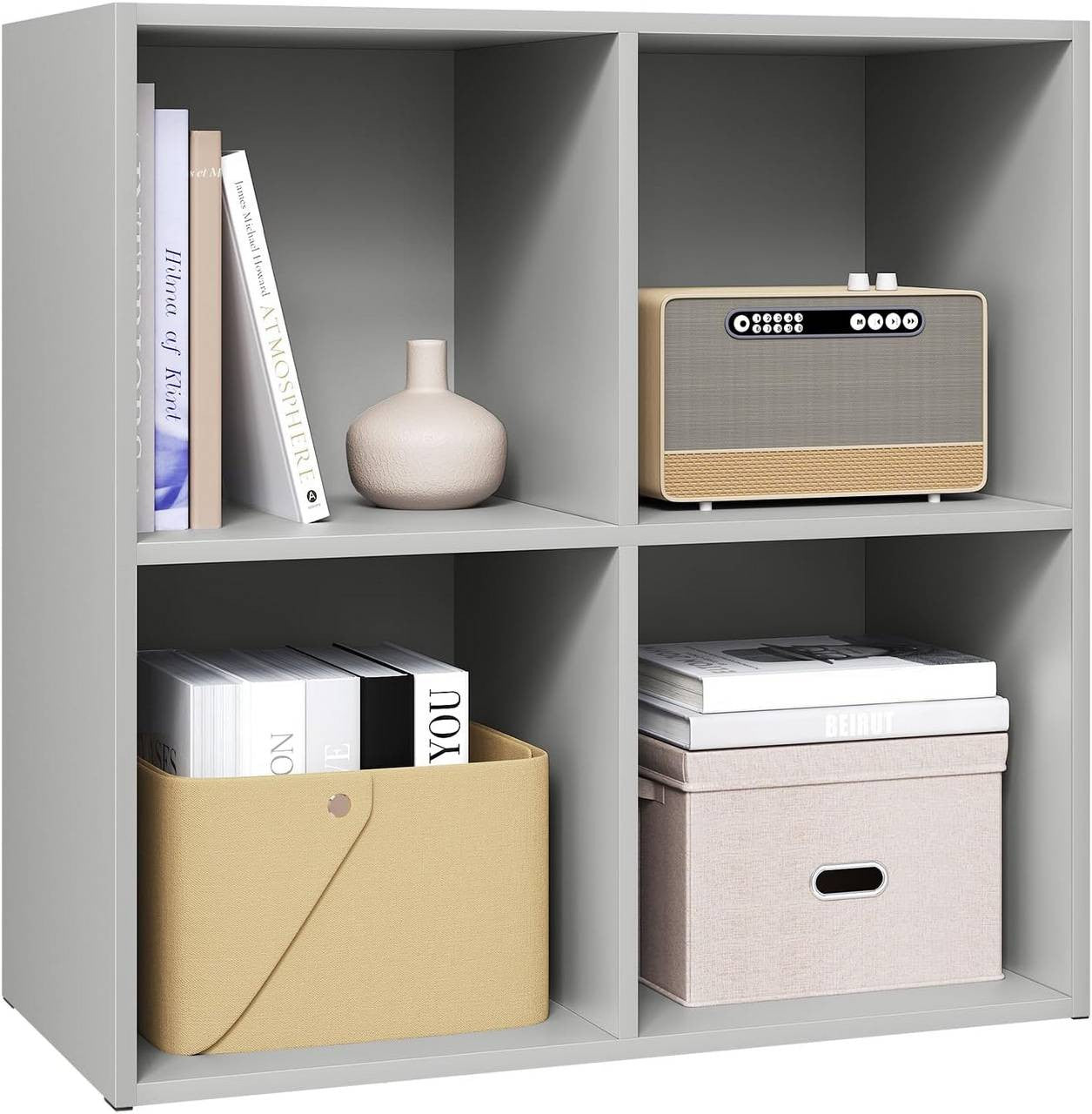 24goodz Cube Bookshelf with 4 Compartments - Sturdy and Safe Construction - Space-Saving Design - MDF - For Home and Office - Grey