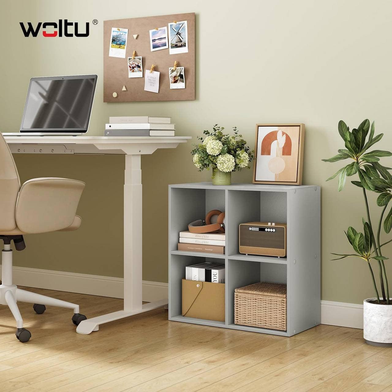 24goodz Cube Bookshelf with 4 Compartments - Sturdy and Safe Construction - Space-Saving Design - MDF - For Home and Office - Grey