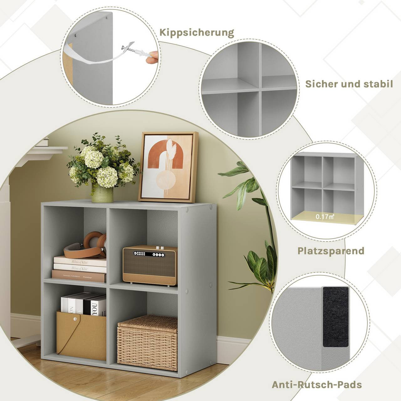 24goodz Cube Bookshelf with 4 Compartments - Sturdy and Safe Construction - Space-Saving Design - MDF - For Home and Office - Grey