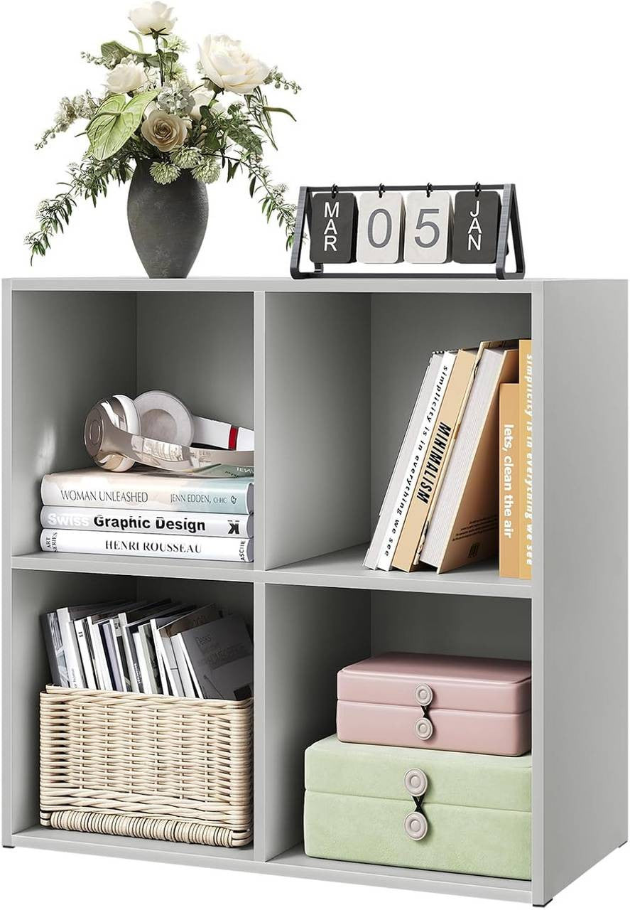 24goodz Cube Bookshelf with 4 Compartments - Sturdy and Safe Construction - Space-Saving Design - MDF - For Home and Office - Grey