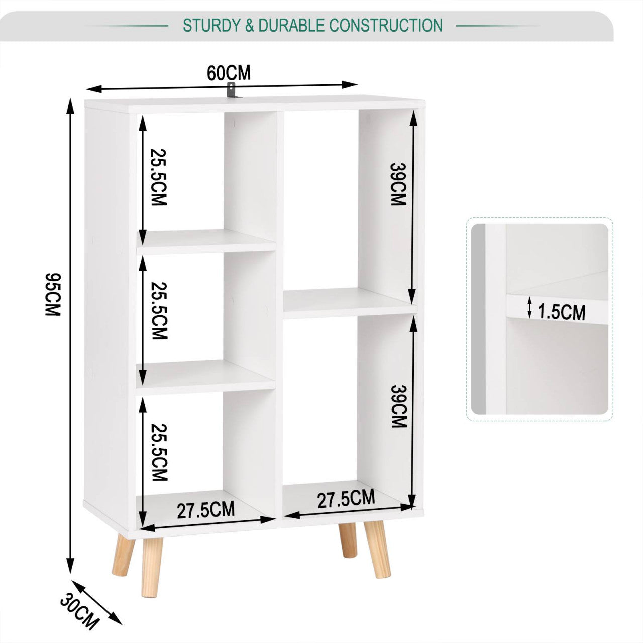 24goodz Cube Shelf Bookcase - Modern Design - Durable and Stable - E1 Wood-Based Material - White - 60 x 95 x 30 cm - ws