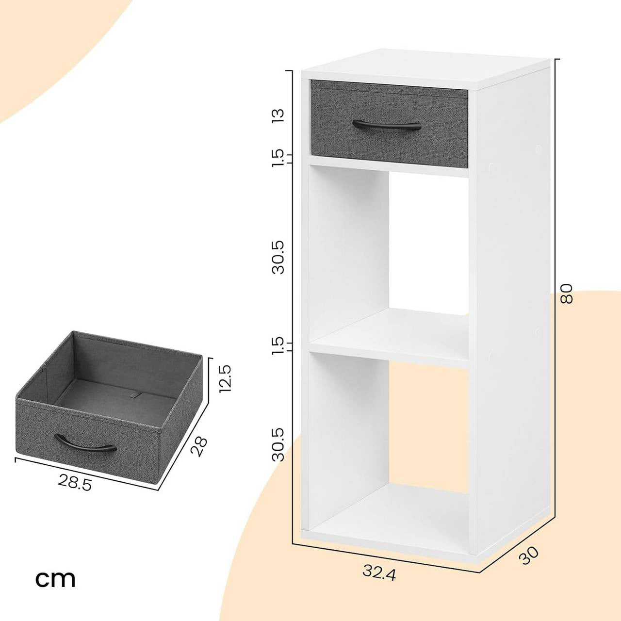 24goodz Bookcase with 3 Levels, 1 Fabric Drawer, 2 Cubes - Space-Saving Design - E1 Wood Material - For Home & Office - White