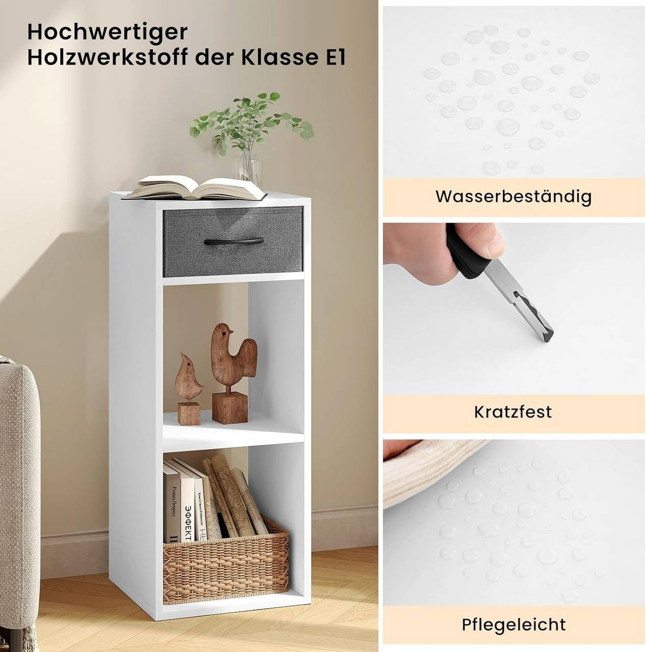 24goodz Bookcase with 3 Levels, 1 Fabric Drawer, 2 Cubes - Space-Saving Design - E1 Wood Material - For Home & Office - White