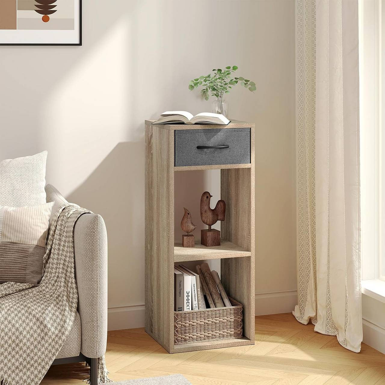 24goodz Bookcase with 3 Levels, 1 Fabric Drawer, 2 Cubes - Space-Saving Design - E1 Wood Material - For Home & Office - Light Oak