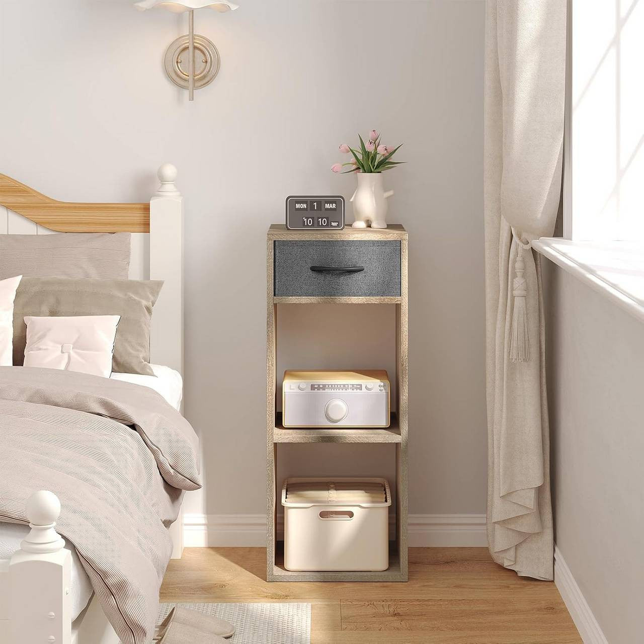 24goodz Bookcase with 3 Levels, 1 Fabric Drawer, 2 Cubes - Space-Saving Design - E1 Wood Material - For Home & Office - Light Oak